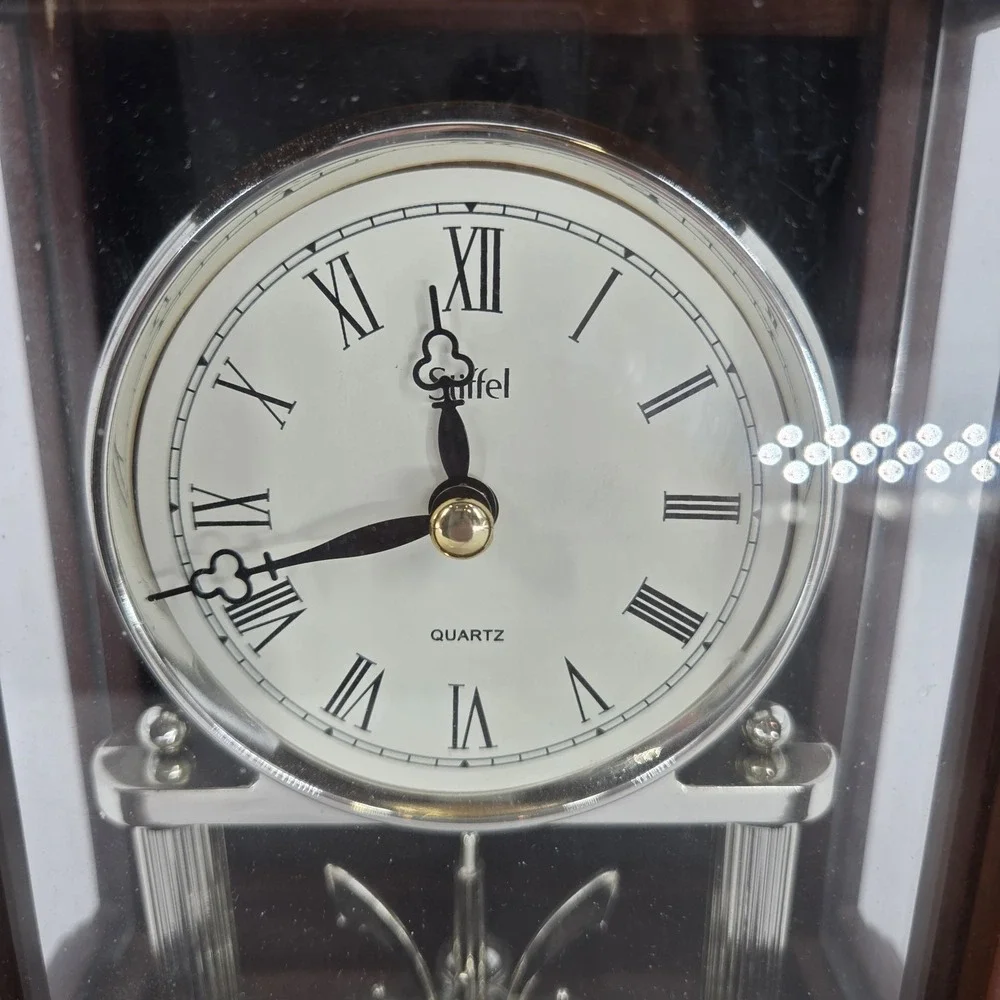 Stiffel Quartz Mantel Clock Rotating Pendulum Wood Glass Case Working Vintage